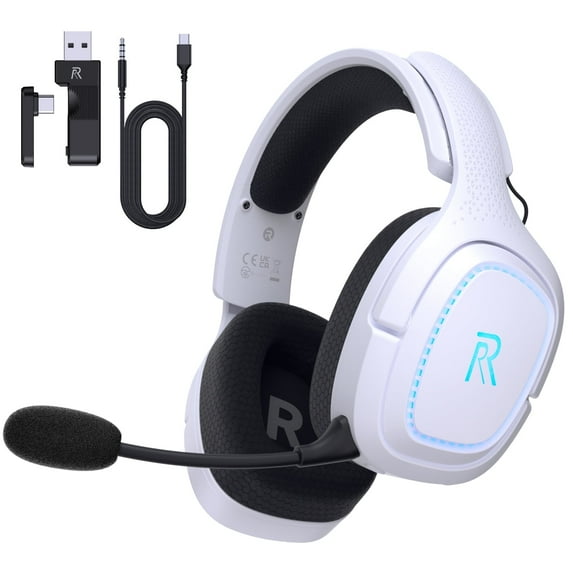 FFN 2.4GHz Wireless Gaming Headset for PS5/PS4, PC, Switch, Bluetooth 5.2 Gaming Headphones with Microphone Noise Canceling, 45H Battery, 3.5mm Wired Mode for Xbox Series - White