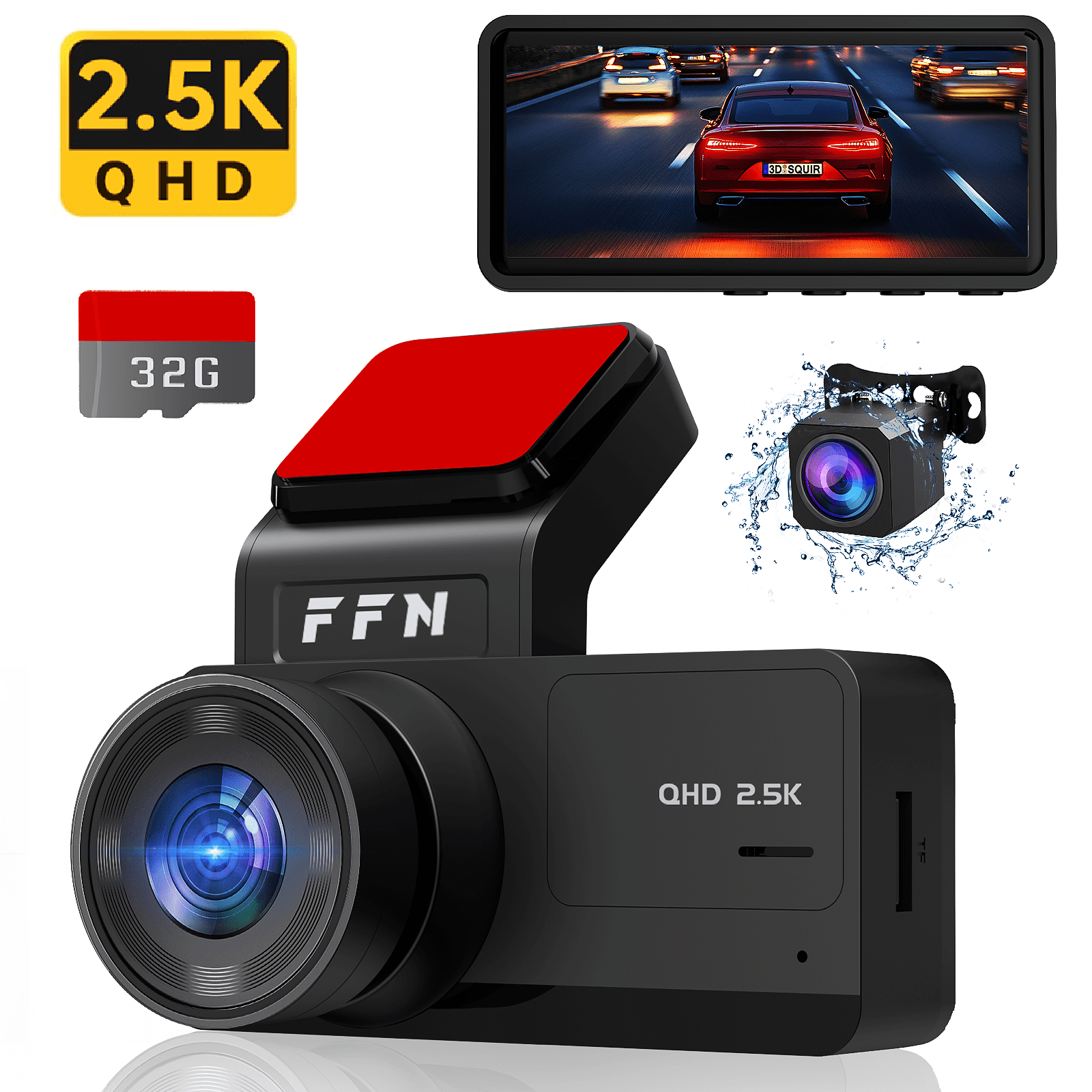 FFN 2.5K+1080P Dual Dash Cam Front and Rear,Car Dash Camera for Cars,Car Camera 170 Wide,Dashcam with Night Vision,Mini Dashcams with WDR,24H Parking Mode,Loop Recording,G-Sensor,32GB SD Card