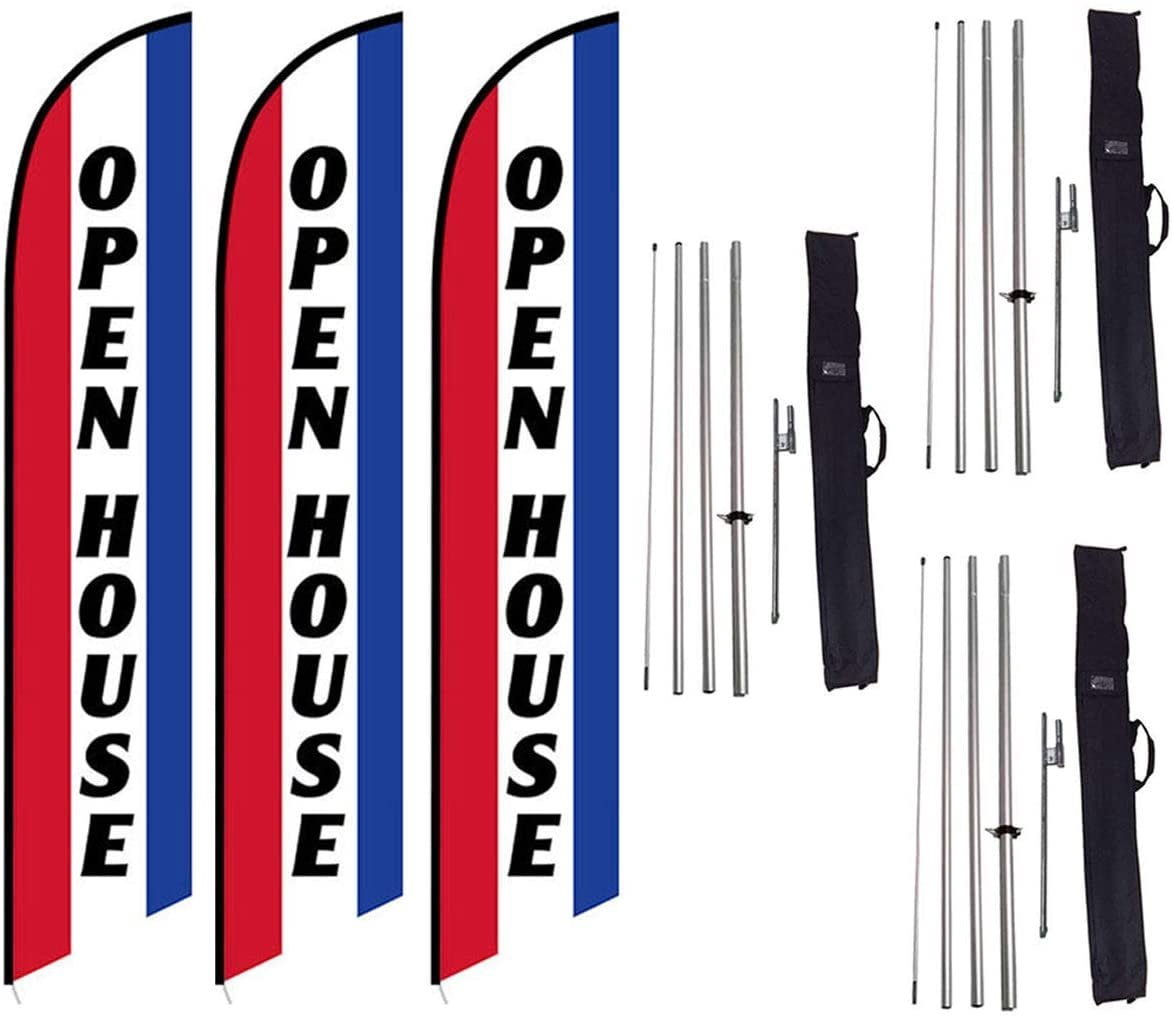 FFN 3-Pack of Open House Feather Banner Flag Kits, Includes Flag Poles, Ground Stakes, and Travel Bags, 15ft Large Outdoor Signs for Real Estate Agents