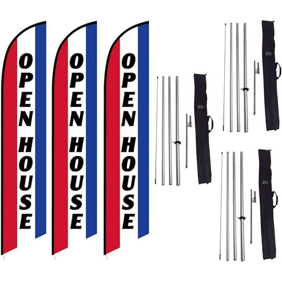 FFN 3-Pack of Open House Feather Banner Flag Kits, Includes Flag Poles, Ground Stakes, and Travel Bags, 15ft Large Outdoor Signs for Real Estate Agents