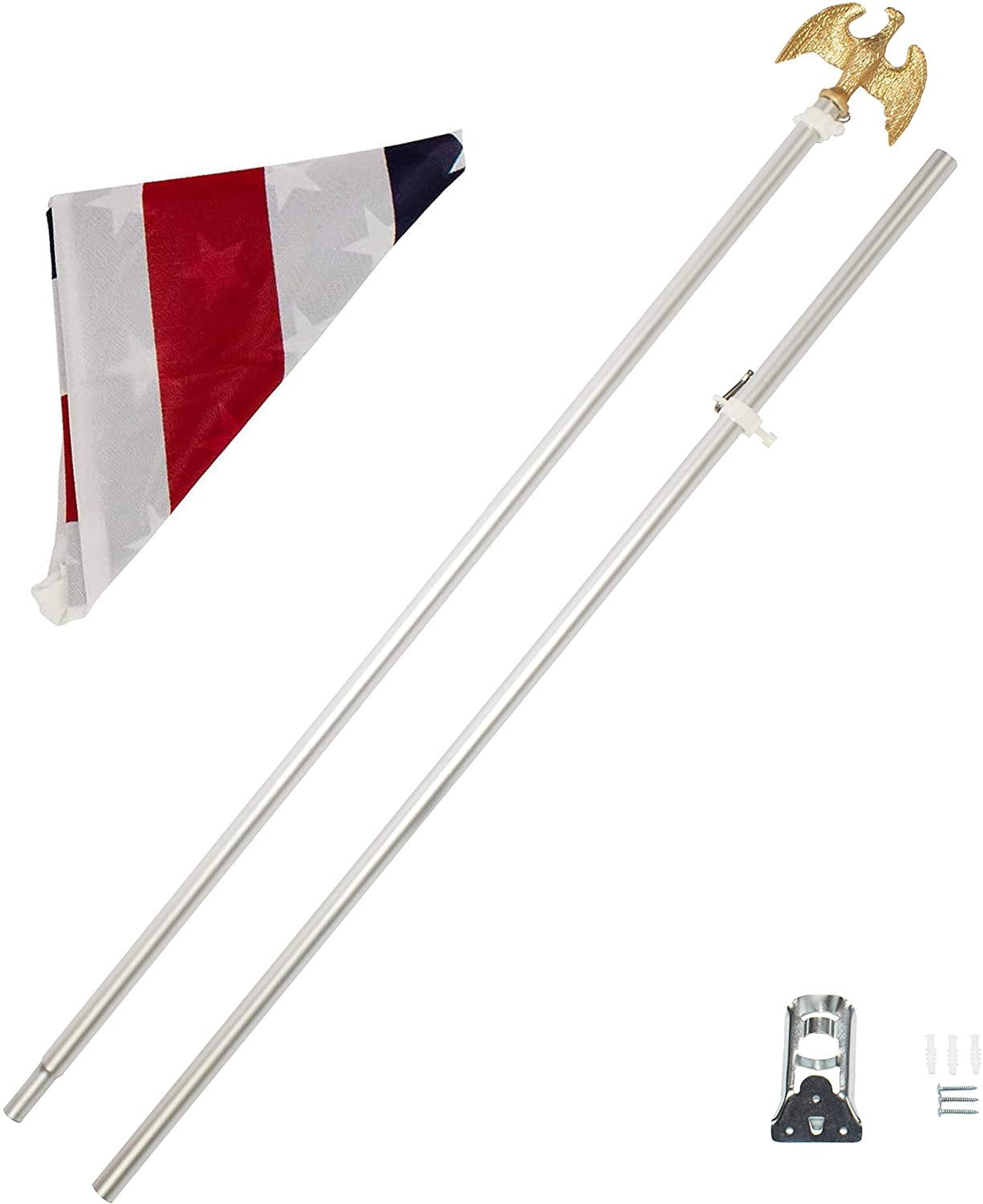 FFN 3x5 Flag Pole and Mount, 6ft Aluminum Telescopic Pole Kit, Eagle Ornament on Top, Screws and Free USA Flag Included, 6