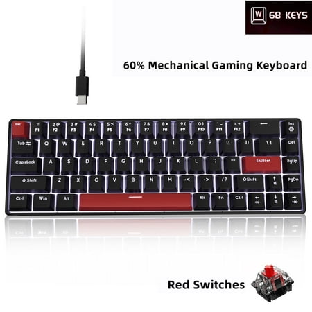 FFN 68-Key 60% Mechanical Gaming Keyboard with Red Switches-Compact Design with Detachable Type-C Cable,LED Backlit for Gaming Smooth,Compatible with Win/Mac/Linux/PC/Laptop-Black