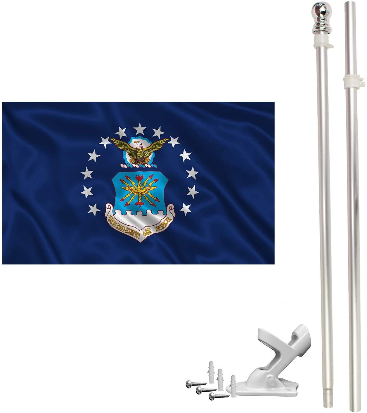FFN 6ft Flagpole, Tangle Free Spinning Aluminum Telescopic Flag Pole and Mount for 3x5ft or 2x3ft Flags, Includes a 3x5 Foot Air Force Flag 6' Silver
