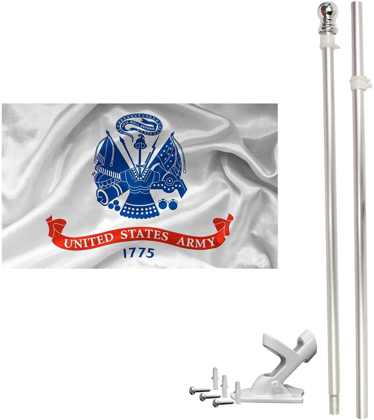 FFN 6ft Flagpole, Tangle Free Spinning Aluminum Telescopic Flag Pole and Mount for 3x5ft or 2x3ft Flags, Includes a 3x5 Foot US Army Flag 6' Silver