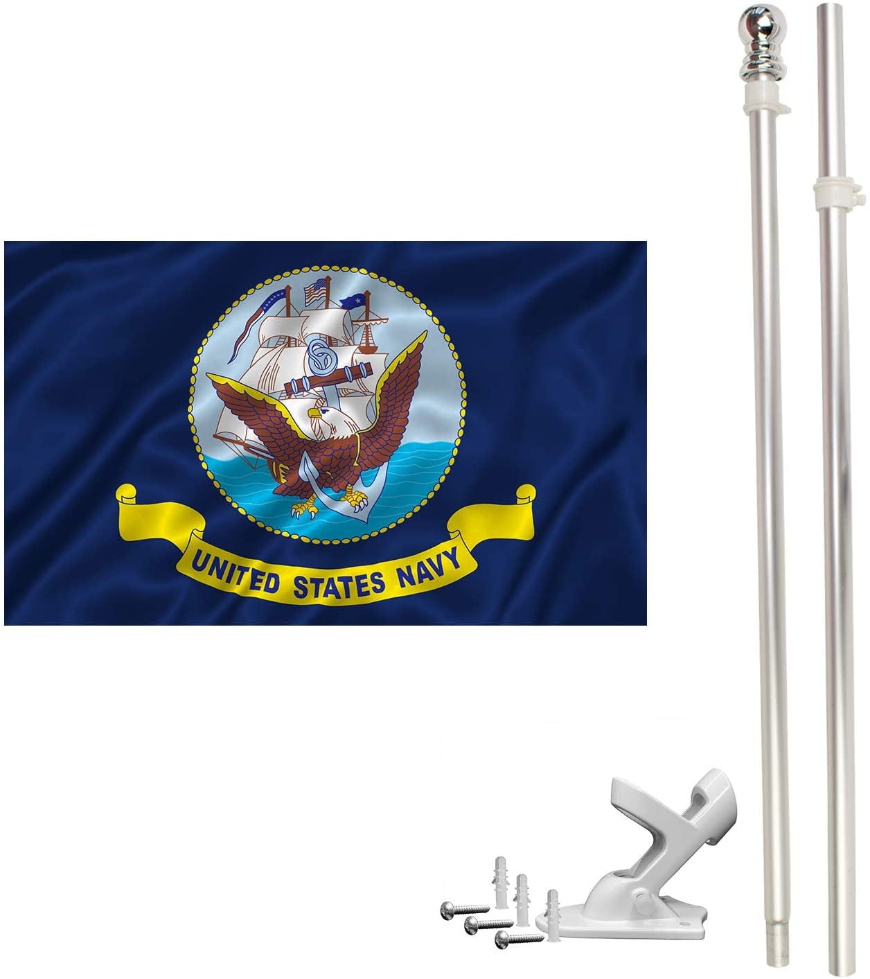 FFN 6ft Flagpole, Tangle Free Spinning Aluminum Telescopic Flag Pole and Mount for 3x5ft or 2x3ft Flags, Includes a 3x5 Foot US Navy Flag (6' Silver)