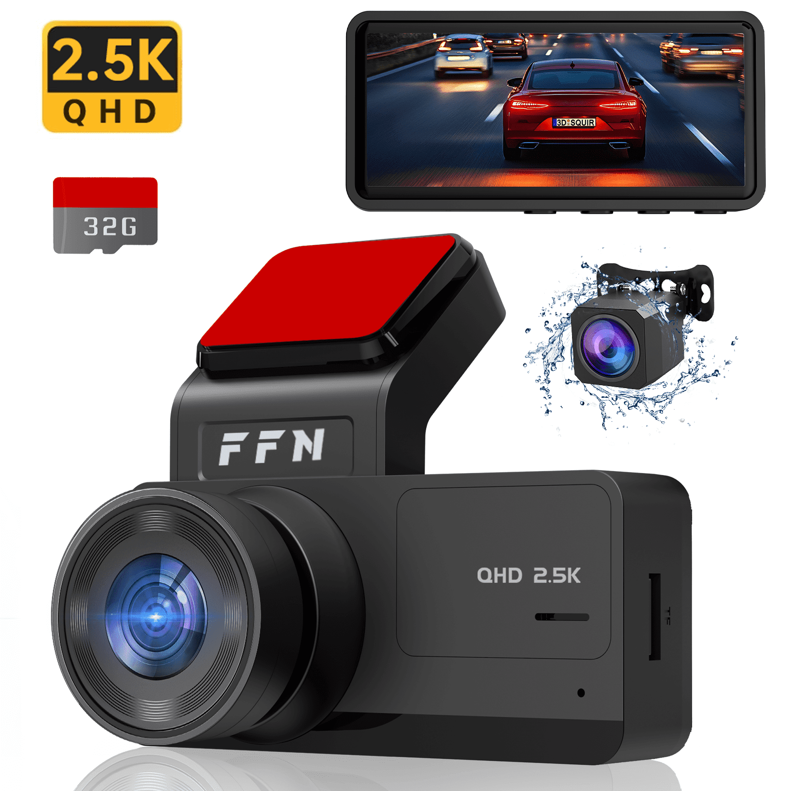 FFN 2.5K+1080P Dual Dash Cam Front and Rear,Car Dash Camera for Cars,Car Camera 170 Wide,Dashcam with Night Vision,Mini Dashcams with WDR,24H Parking Mode,Loop Recording,G-Sensor,32GB SD Card