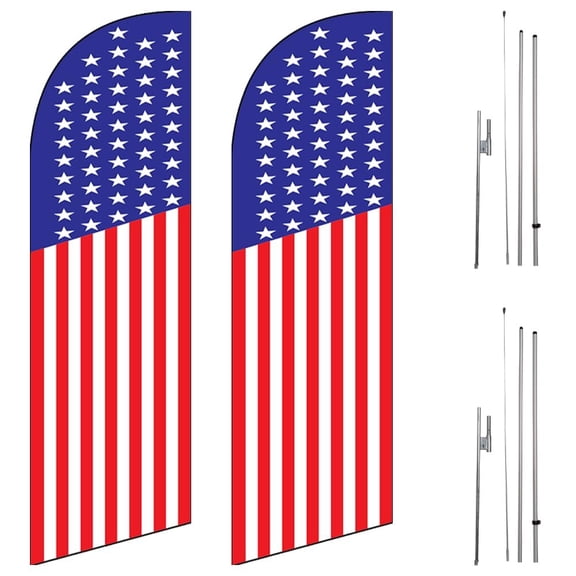 FFN Pack-2 American Glory 6ft Feather Flags Outdoor Signs with complete 8ft poles Kit, Pack Includes 2 Flags and 2 Poles Kit with 2 Ground Stakes 50 stars on top