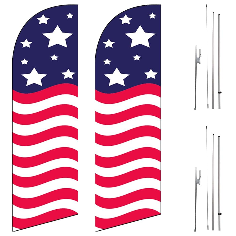 FFN Pack-2 American Glory 6ft Feather Flags Outdoor Signs with complete 8ft poles Kit, Pack Includes 2 Flags and 2 Poles Kit with 2 Ground Stakes