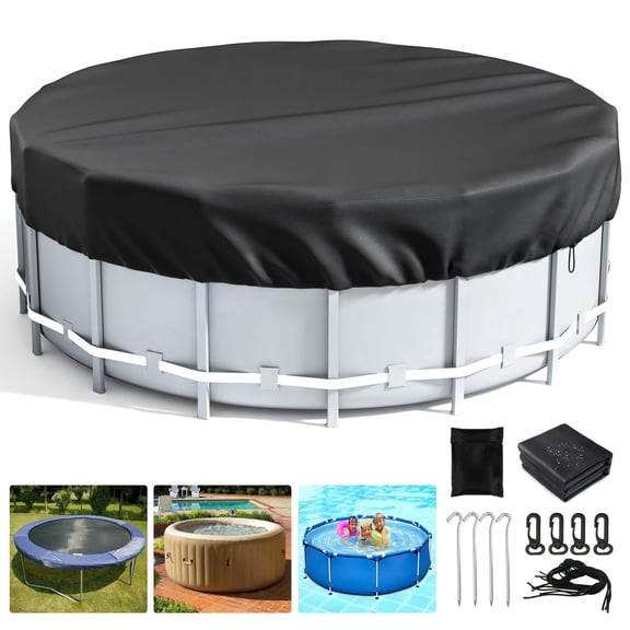 FFORCE 12-Foot Round Pool Cover Solar Pool Cover for Above-Ground Pools Pool Protection Cover with Accessories PE Waterproof Dustproof Canvas (Black)