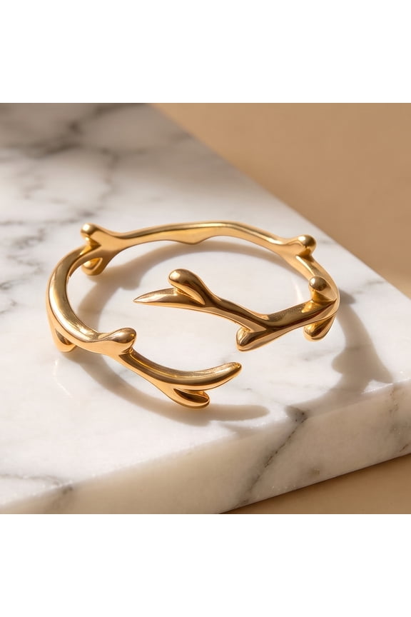 925 Sterling Silver Ring, Size 7, Adjustable Open-Style, Gold-Plated, Minimalist Tree Branch and Antler Design, Unisex Thumb Ring