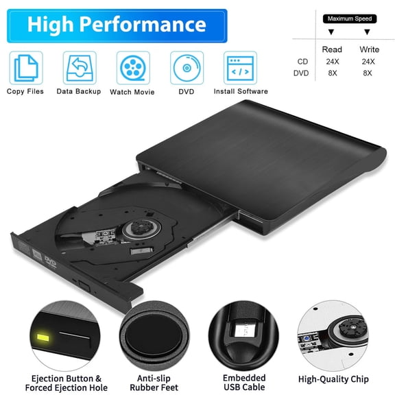 FFORCE External DVD Drive USB 3.0 Type-C CD/DVD Burner Writer Ultra Slim Portable Optical Drive for PC Laptop Mac Desktop, Black