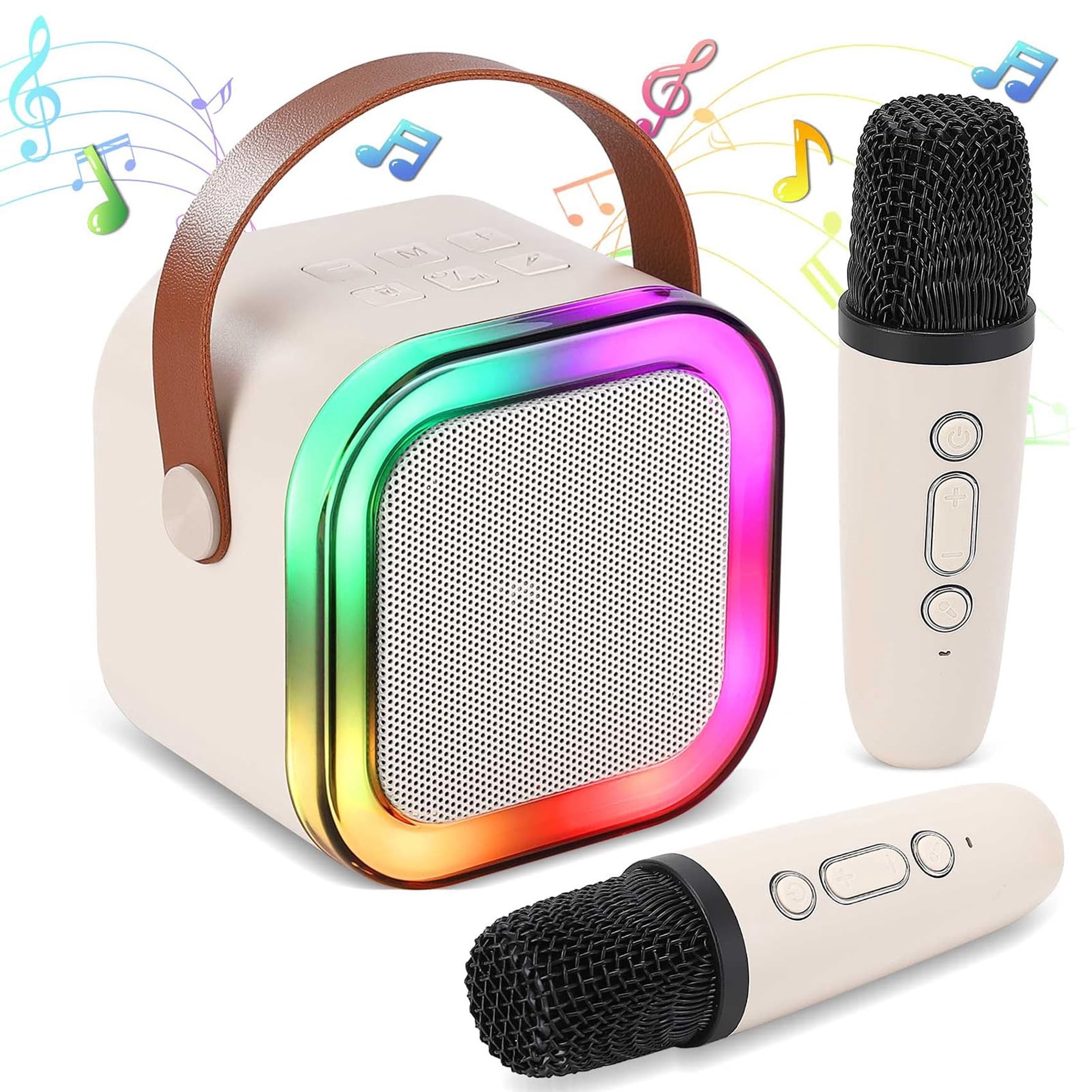 FFORCE Mini Karaoke Machine for Kids and Adults — Portable Bluetooth Speaker with 2 Wireless Microphones, Home Karaoke System, Gift for Girls Ages 4-12+ (Beige)