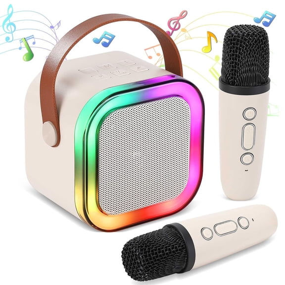 FFORCE Mini Karaoke Machine for Kids and Adults — Portable Bluetooth Speaker with 2 Wireless Microphones, Home Karaoke System, Gift for Girls Ages 4-12+ (Beige)