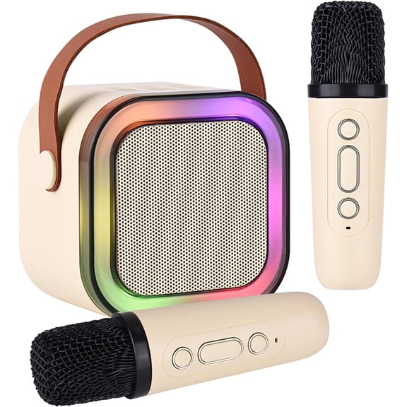 FFORCE Mini Karaoke Machine for Kids and Adults  Portable Bluetooth Speaker with 2 Wireless Microphones, Sing-Along Party Toy (Beige)