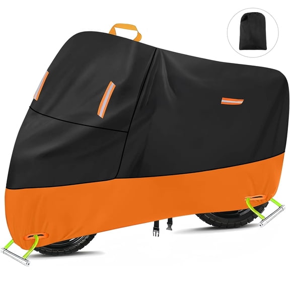 FFORCE Motorcycle Cover, 210D Heavy Duty Outdoor Waterproof Protective With Windproof Buckle and Elastic Hem, L - 86.68x37.43x43.34in, Orange