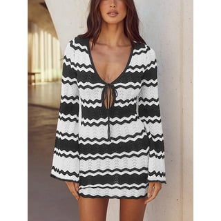 FFORCE Swimsuit Crochet Cover-Ups for Women V Neck Long Sleeve Hollow Out Knit Beach Dress Bathing Suit Summer Swim Mesh Bikini Coverup Outfits L