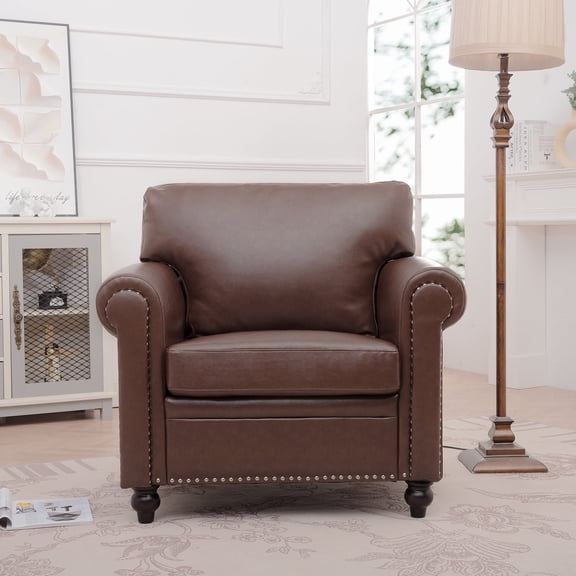 FFZ 1 Seater Sofa with Silver Bubble Nail Trim and PP Cotton Backrest, 37.4 x 30.91 x 35.43 inch, Brown PU