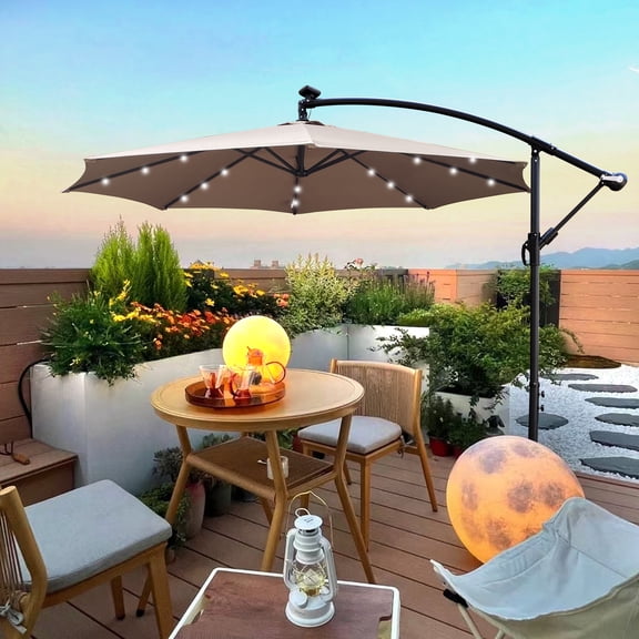FFZ 10 FT Solar LED Outdoor Patio Umbrella with Cross Base, Mushroom