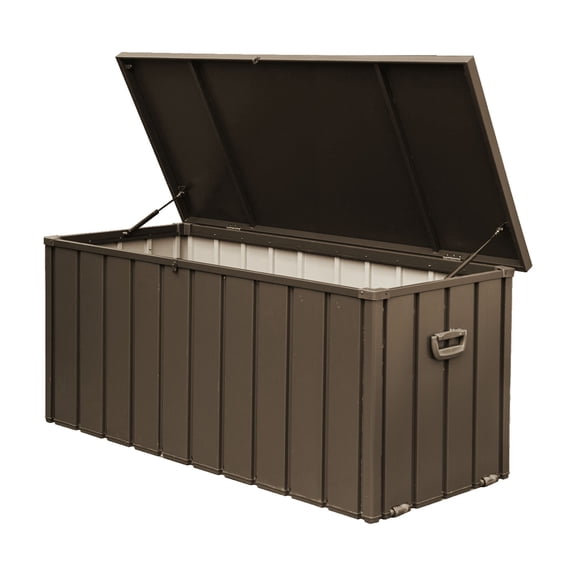 FFZ 100 Gallon Outdoor Storage Deck Box with Lockable Lid, Galvanized Steel and Mobility Rollers, Dark Brown