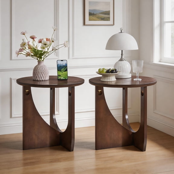 FFZ 100% Solid Wood Edge Table 2-Piece Set with U-Shaped Base for Living Room, Walnut