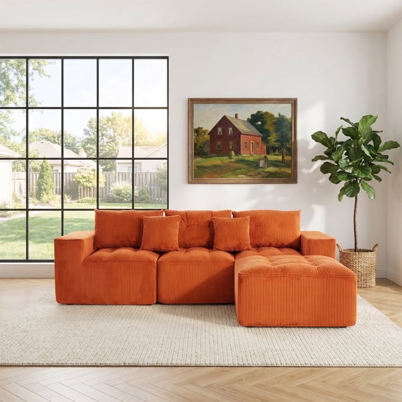 FFZ 101.18" L-Shaped Modular Corduroy Sofa with Movable Footrest, Cloud Design, 3-Seater, Orange