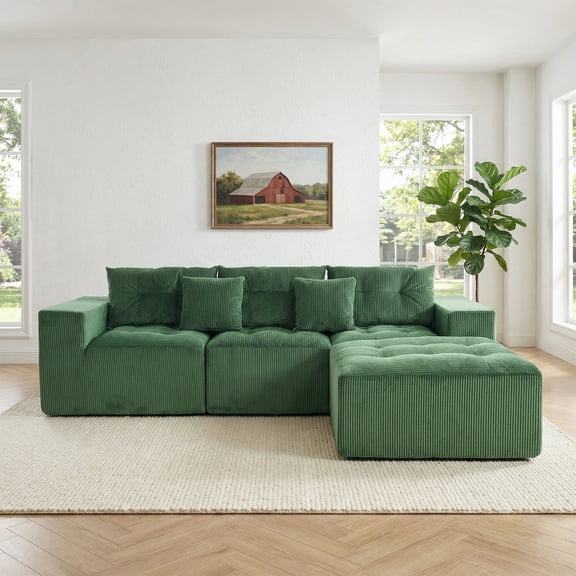 FFZ 101.18" L-Shaped Modular Corduroy Sofa with Movable Footrest and Cloud Design, Green