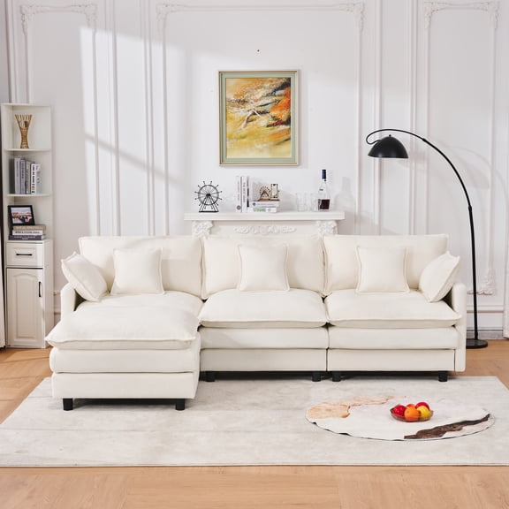 FFZ 101.9" Three-Seater Sofa, Chenille Fabric, Movable Footstool, Modular Design, For Living Room Bedroom, Beige