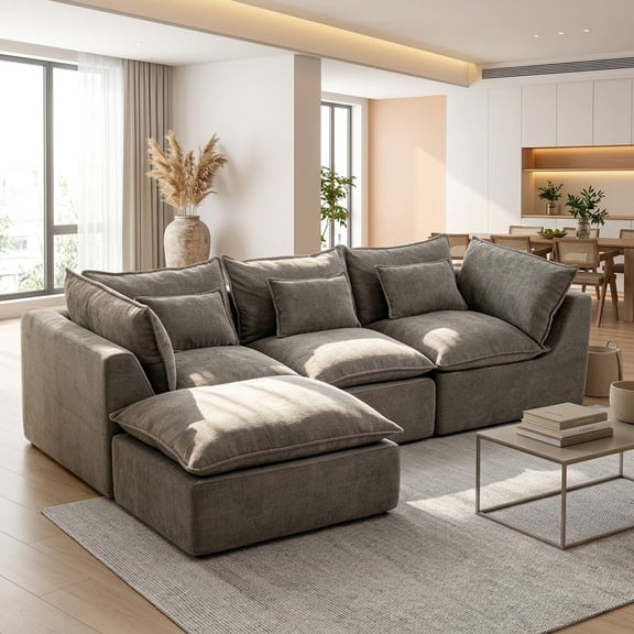 FFZ 102"L Cloud Modular Sectional Sofa with Ottoman, Deep Relax Comfy Seats, Antique Grey