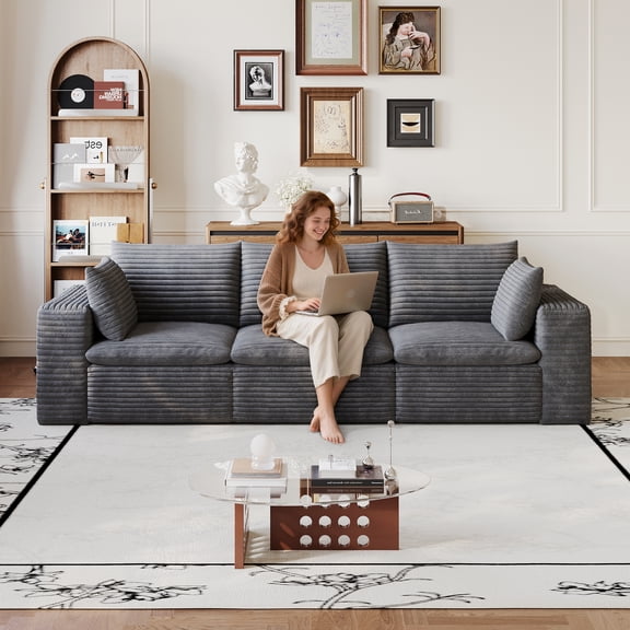 FFZ 102 inch Cloud Sofa with Corduroy Fabric, Deep Seat and Removable Cushions, No Assembly, DARK GREY