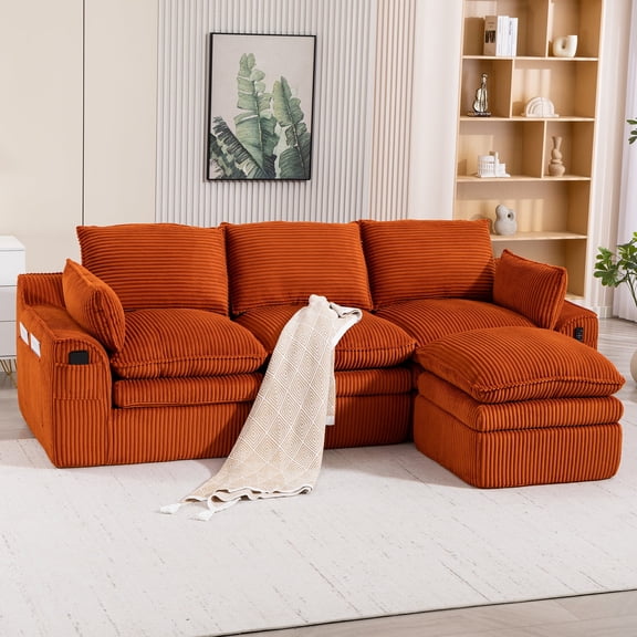 FFZ 103.5 inch L-Shaped Modular Sectional Sofa with Corduroy Upholstery, Movable Footstool and Pillows, Orange