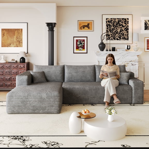 FFZ 103"L Cloud Sectional Sofa with L-Shape Chaise, Plush Corduroy, No Assembly, DARK GREY
