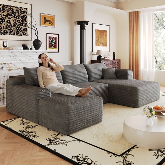 FFZ 103"L Cloud Sectional Sofa with L-Shape Chaise, Plush Corduroy, No Assembly, DARK GREY