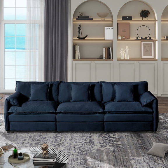 FFZ Oversized Deep Seat Sectional Sofa with Chenille Fabric and 3 Pillows, 109.45 x 33.86 x 33.46 inch, Blue