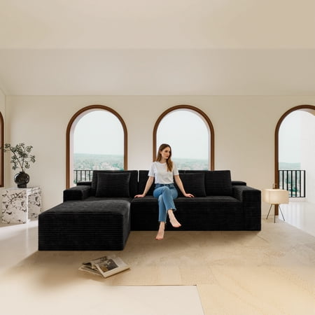 FFZ 104.3 inch Modular Sectional Sofa with Chaise and Corduroy Fabric, No Assembly Required, Black