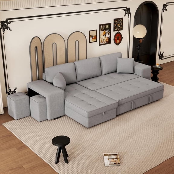 FFZ 104.5 inch L-Shaped Sectional Sleeper Sofa with Storage Chaise and 2 Stools, Linen, Gray