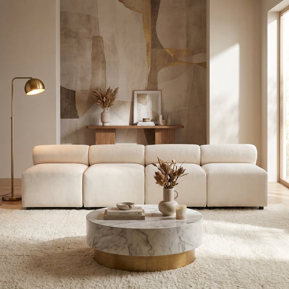 FFZ 104" Evelyn 4-Piece Modular Chenille Sectional Sofa with Round-Back Design, Beige