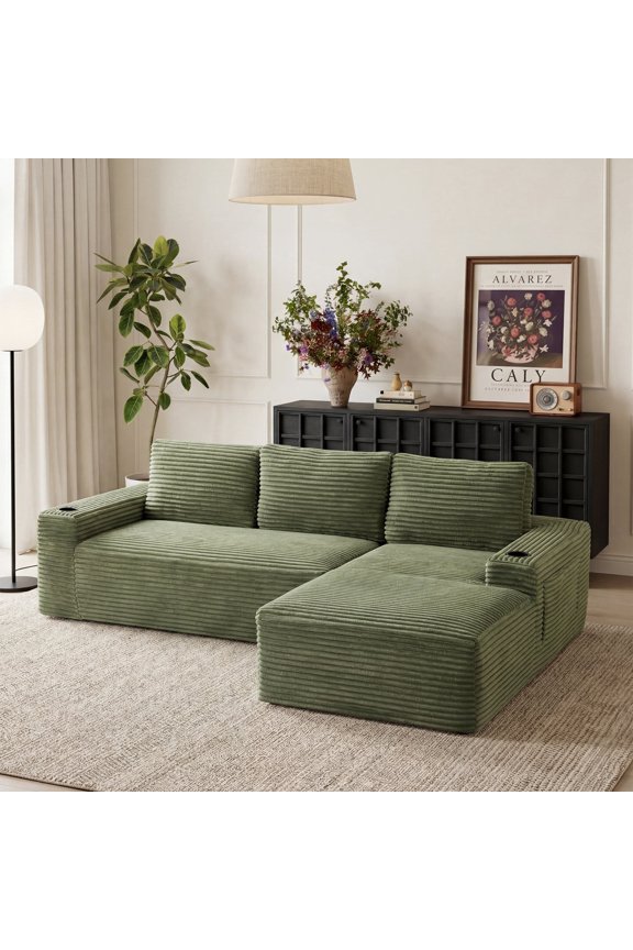 104 Inch Cloud Sectional Sofa with L-Shape Chaise, Corduroy Boneless Design, No Assembly, Green
