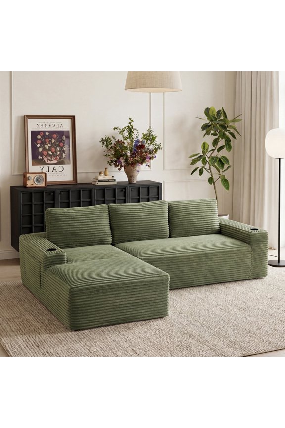 104 Inch Cloud Sectional Sofa with L-Shape Chaise, Corduroy Boneless Design, No Assembly, Green