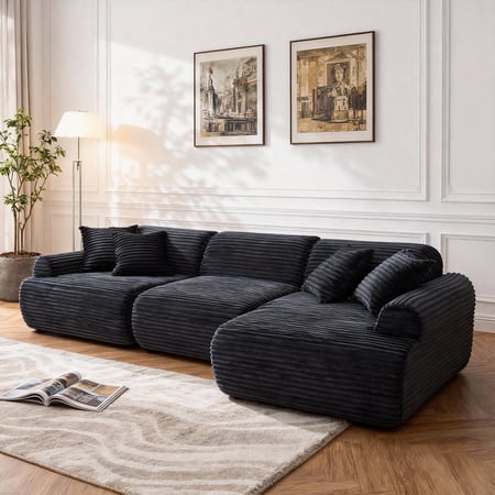FFZ 105 inch Modular Sectional Sofa with L-Shape Design, Detachable Covers and Corduroy Upholstery, Black