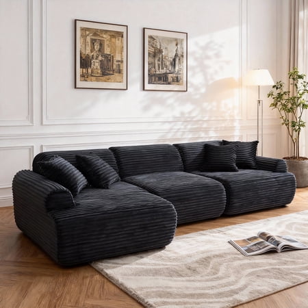 FFZ 105 inch Modular Sectional Sofa with L-Shape Design, Detachable Covers and Corduroy Upholstery, Black