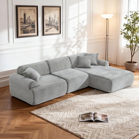 FFZ 105" Modular Sectional Sofa with L-Shape Design, Detachable Covers and Woven Upholstery, Antique Grey