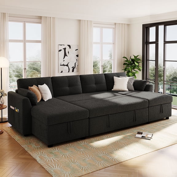 FFZ 107.1 inch U-Shaped Sectional Sleeper Sofa with Dual Storage Chaises, USB Ports and Teddy Fabric, Black