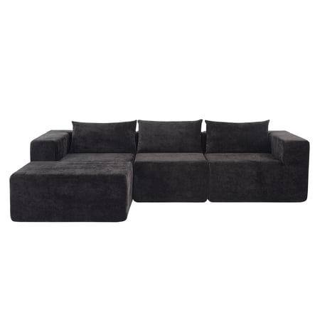 FFZ 107" Cloud Sectional Sofa with Ottoman, Corduroy Fabric, Modular Design, Black