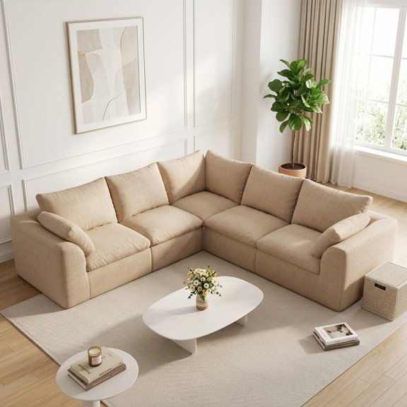FFZ 108.3"W V-Shaped Modular Sectional Sofa with Removable Covers, khaki