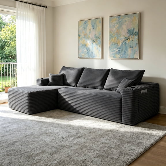 FFZ 108" Cloud Sectional Sofa with L-Shape Chaise, Side Pockets and No Assembly, Grey