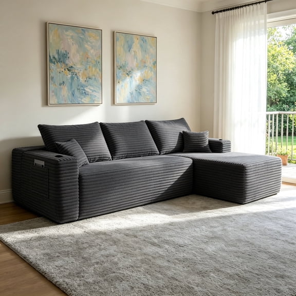 FFZ 108 inch Cloud Sectional Sofa with L-Shape Chaise and Side Pockets, No Assembly Required, Grey
