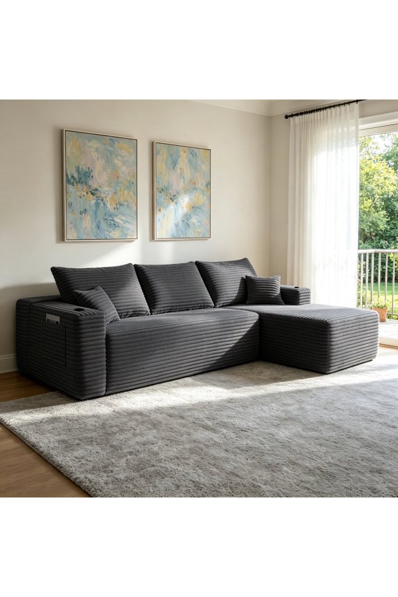 108 inch Cloud Sectional Sofa with L-Shape Chaise and Side Pockets, No Assembly Required, Grey