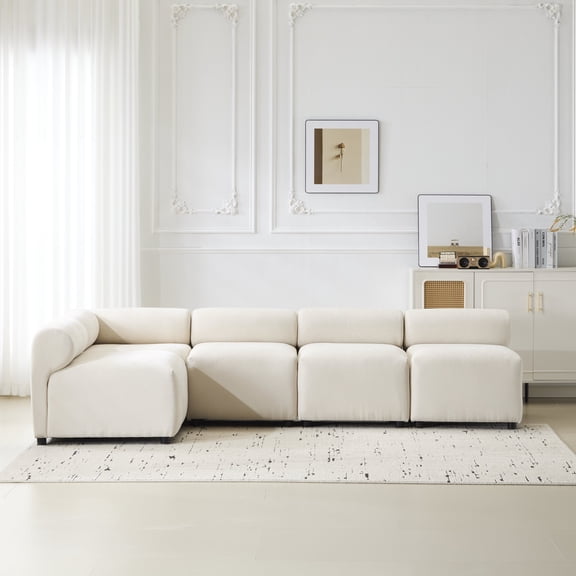 FFZ 109 inch 5-Piece L-Shaped Modular Sectional Chenille Sofa with Round-Back Design, Beige
