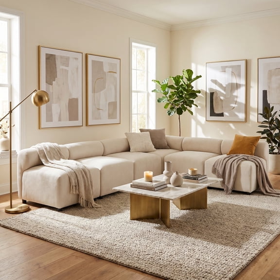 FFZ 109 inch 6-Piece L-Shaped Modular Sectional Sofa with Round-Back Design and Solid Wood Frame, Beige