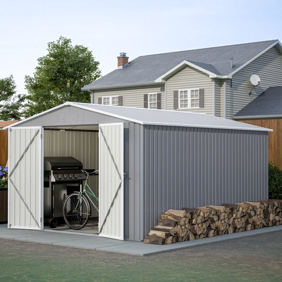 FFZ 10x12 ft Outdoor Storage Shed with Floor Frame Kit, Double Lockable Doors, Galvanized Steel Garden, Gray